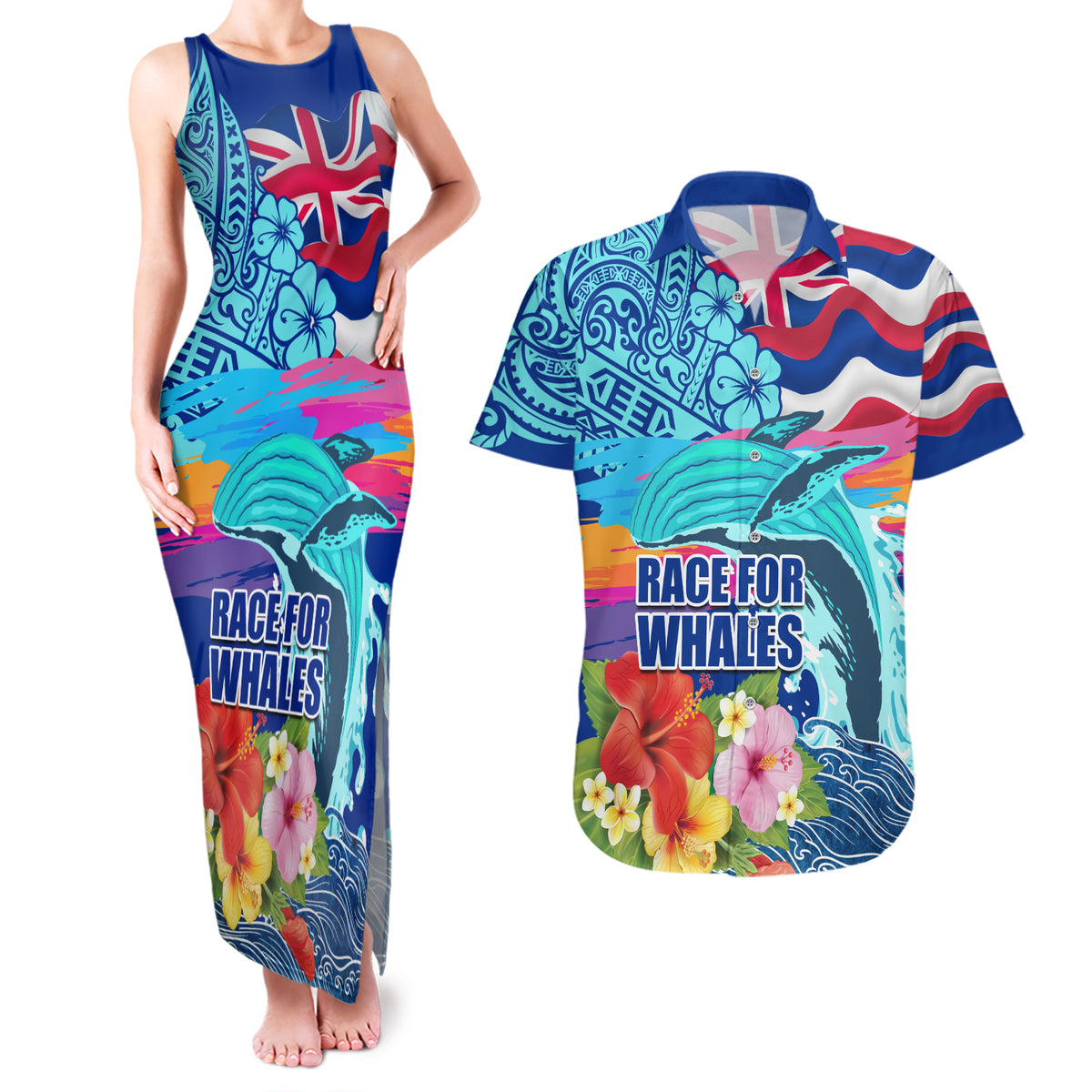 Hawaii Race For Whales Couples Matching Tank Maxi Dress and Hawaiian Shirt Flag and Polynesian Hibiscus LT03 Blue - Polynesian Pride