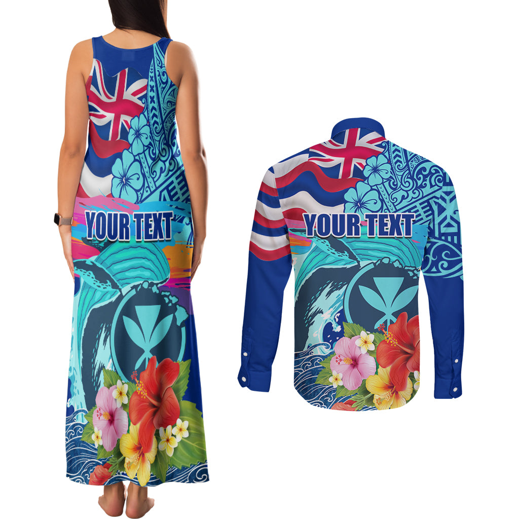 Hawaii Race For Whales Couples Matching Tank Maxi Dress and Long Sleeve Button Shirt Flag and Polynesian Hibiscus LT03 - Polynesian Pride