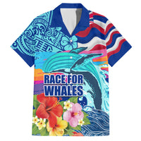 Hawaii Race For Whales Family Matching Long Sleeve Bodycon Dress and Hawaiian Shirt Flag and Polynesian Hibiscus LT03 Dad's Shirt - Short Sleeve Blue - Polynesian Pride