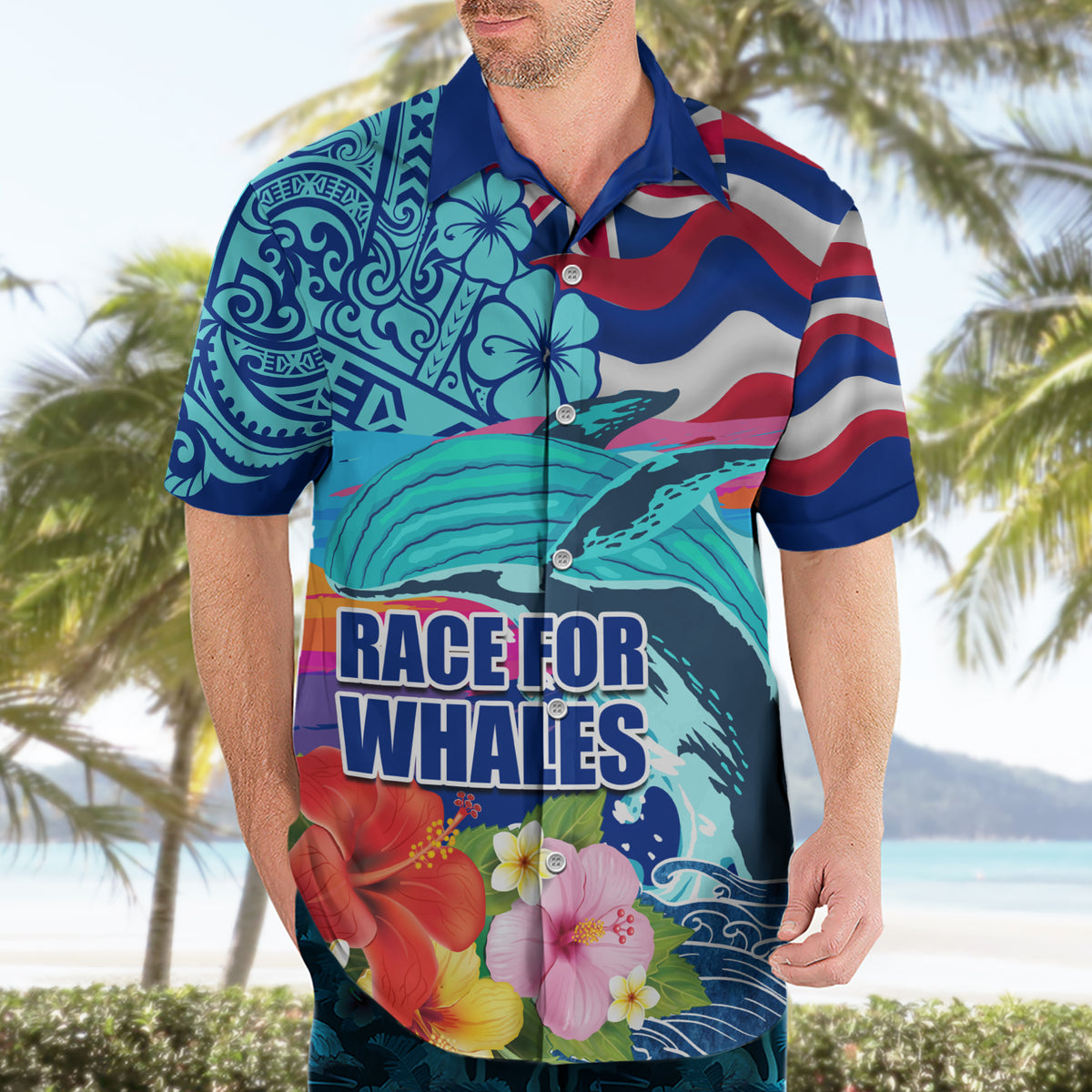 Hawaii Race For Whales Hawaiian Shirt Flag and Polynesian Hibiscus LT03 - Polynesian Pride