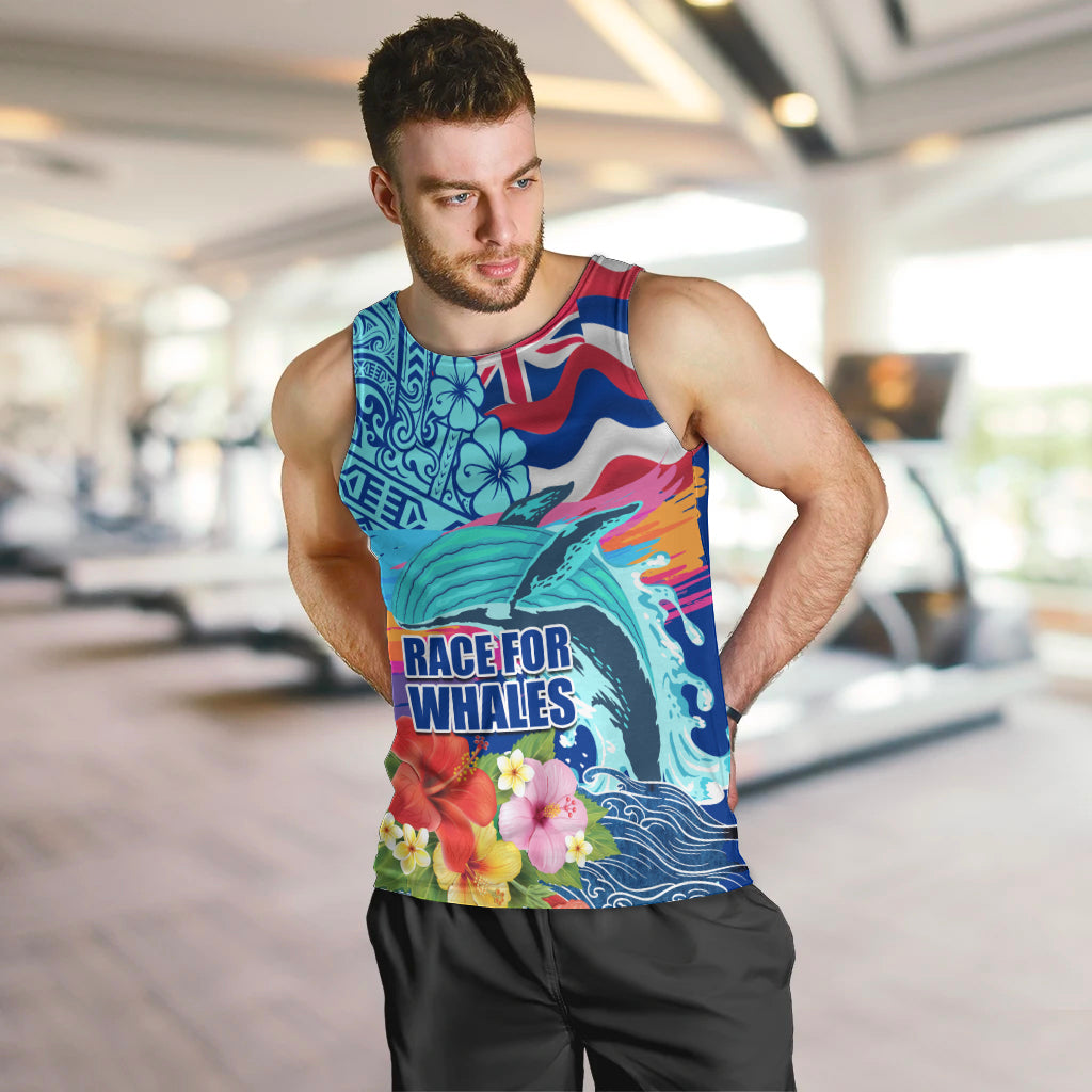 Hawaii Race For Whales Men Tank Top Flag and Polynesian Hibiscus LT03 Blue - Polynesian Pride