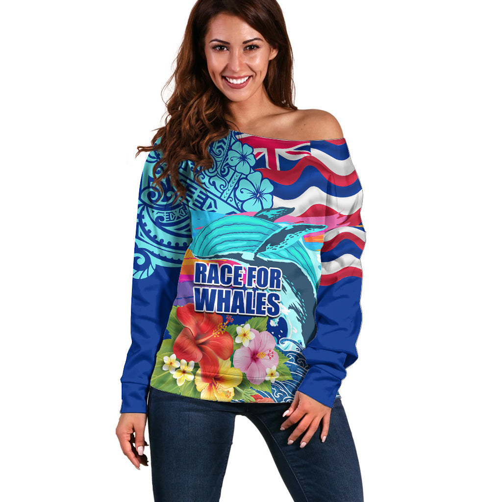 Hawaii Race For Whales Off Shoulder Sweater Flag and Polynesian Hibiscus LT03 Women Blue - Polynesian Pride