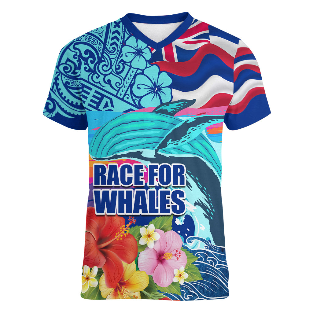 Hawaii Race For Whales Women V Neck T Shirt Flag and Polynesian Hibiscus LT03 Female Blue - Polynesian Pride