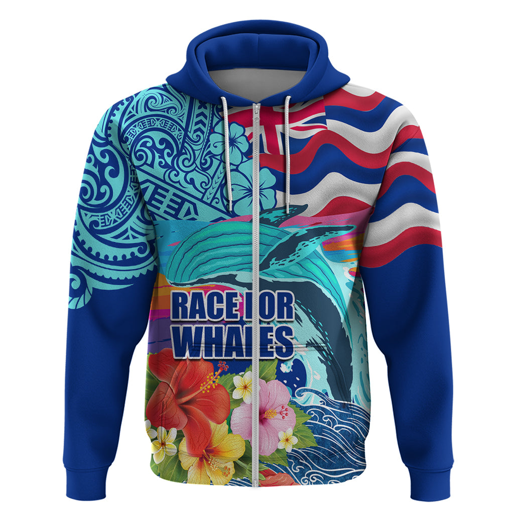 Hawaii Race For Whales Zip Hoodie Flag and Polynesian Hibiscus LT03 Zip Hoodie Blue - Polynesian Pride