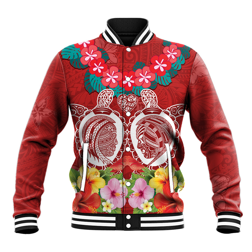 Polynesian Valentine Day Baseball Jacket Love Couple Turtle Maori Hibiscus Red Style LT03 Unisex Red - Polynesian Pride