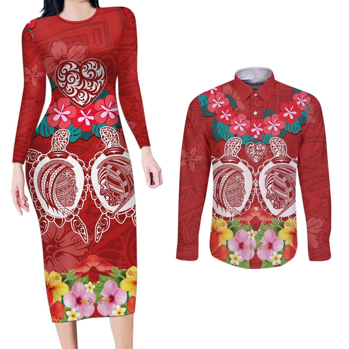 Polynesian Valentine Day Couples Matching Long Sleeve Bodycon Dress and Long Sleeve Button Shirt Love Couple Turtle Maori Hibiscus Red Style LT03 Red - Polynesian Pride