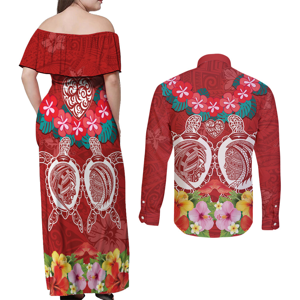 Polynesian Valentine Day Couples Matching Off Shoulder Maxi Dress and Long Sleeve Button Shirt Love Couple Turtle Maori Hibiscus Red Style LT03 - Polynesian Pride