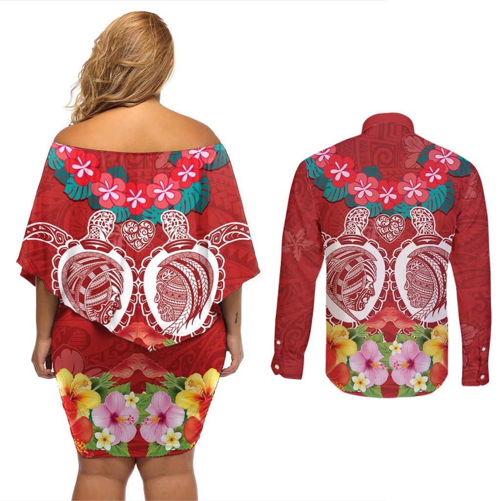 Polynesian Valentine Day Couples Matching Off Shoulder Short Dress and Long Sleeve Button Shirt Love Couple Turtle Maori Hibiscus Red Style LT03 - Polynesian Pride