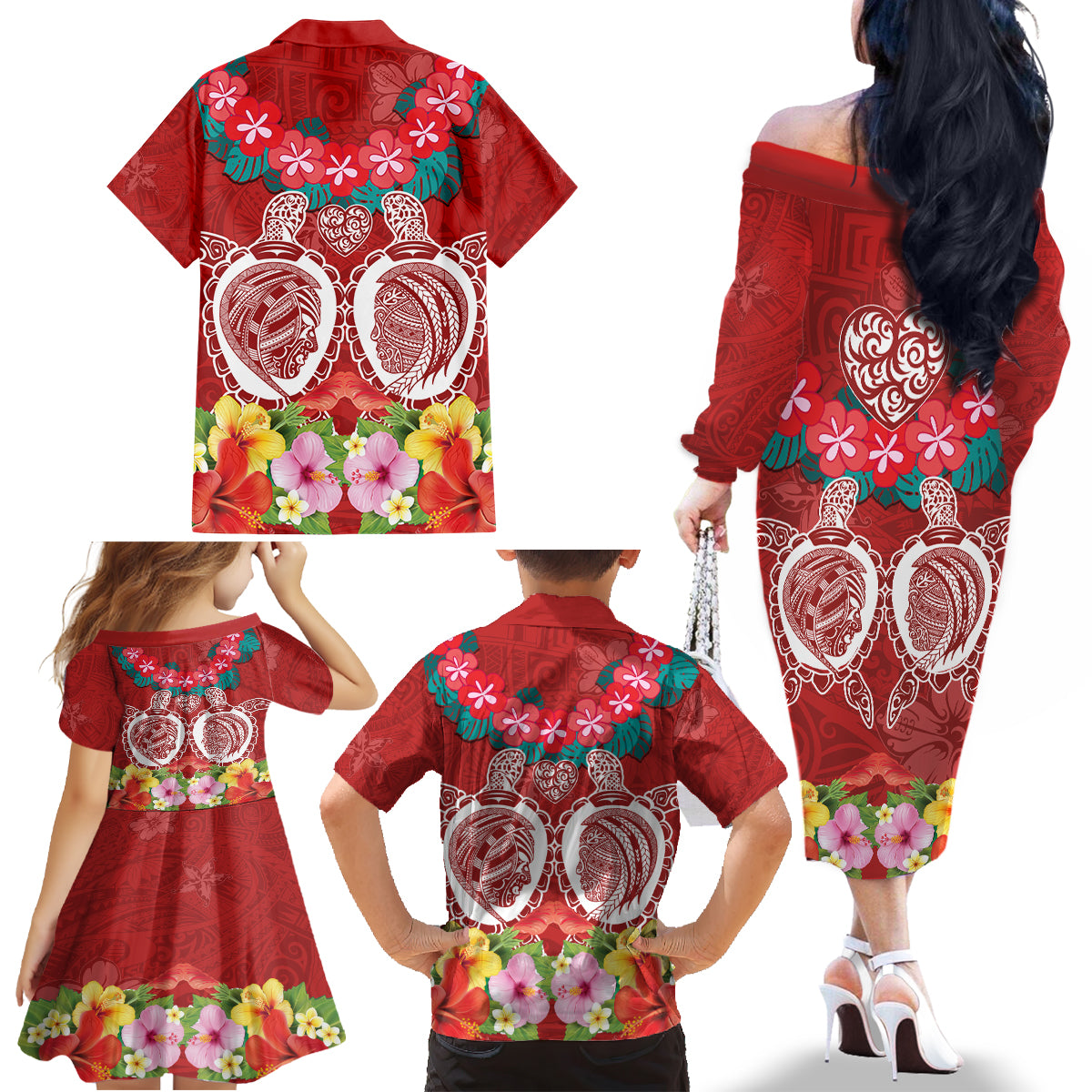 Polynesian Valentine Day Family Matching Off Shoulder Long Sleeve Dress and Hawaiian Shirt Love Couple Turtle Maori Hibiscus Red Style LT03 - Polynesian Pride