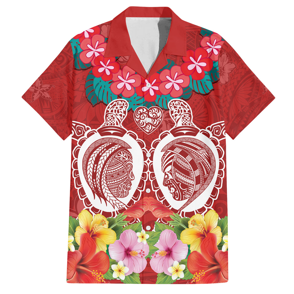 Polynesian Valentine Day Family Matching Off Shoulder Long Sleeve Dress and Hawaiian Shirt Love Couple Turtle Maori Hibiscus Red Style LT03 Dad's Shirt - Short Sleeve Red - Polynesian Pride