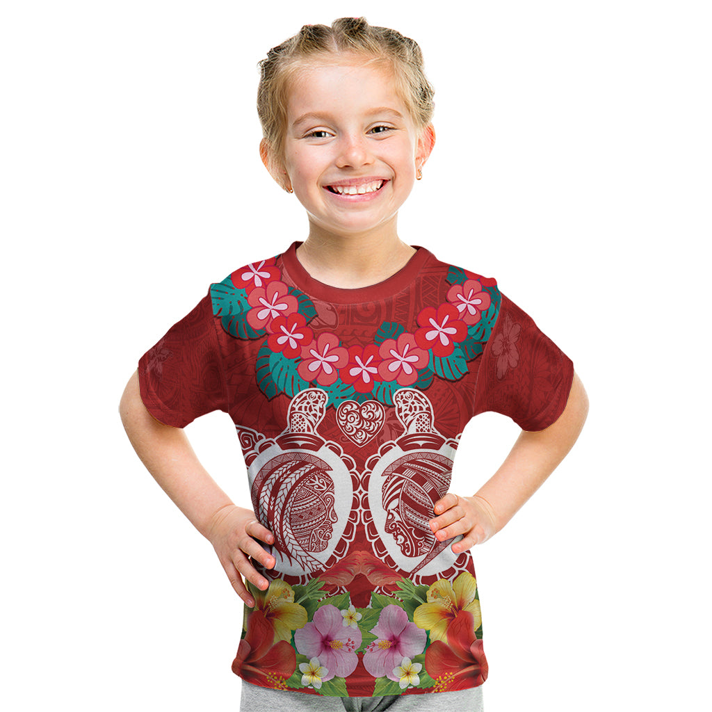 Polynesian Valentine Day Kid T Shirt Love Couple Turtle Maori Hibiscus Red Style LT03 Red - Polynesian Pride