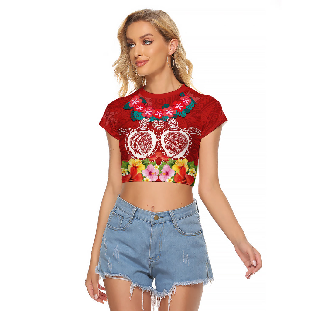 Polynesian Valentine Day Raglan Cropped T Shirt Love Couple Turtle Maori Hibiscus Red Style LT03 Female Red - Polynesian Pride
