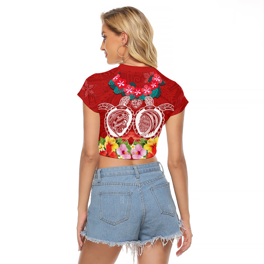 Polynesian Valentine Day Raglan Cropped T Shirt Love Couple Turtle Maori Hibiscus Red Style LT03 - Polynesian Pride