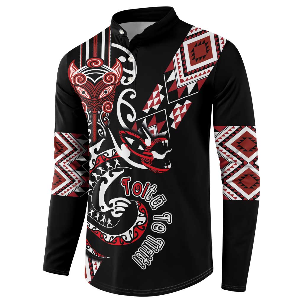 Aotearoa Toitu Te Tiriti-Honour the Treaty Button Sweatshirt Maori Taniwha Haka with Taniko and Tukutuku LT03 - Polynesian Pride