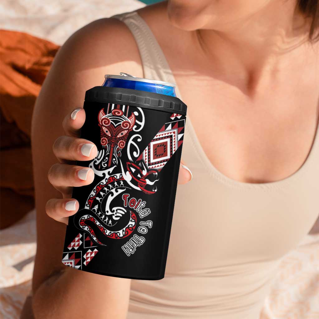 Aotearoa Toitu Te Tiriti-Honour the Treaty 4 in 1 Can Cooler Tumbler Maori Taniwha Haka with Taniko and Tukutuku