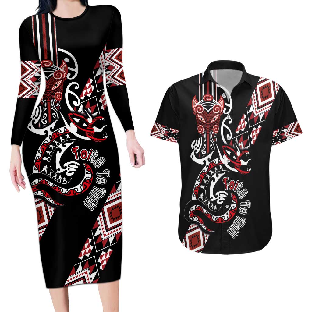 Aotearoa Toitu Te Tiriti-Honour the Treaty Couples Matching Long Sleeve Bodycon Dress and Hawaiian Shirt Maori Taniwha Haka with Taniko and Tukutuku