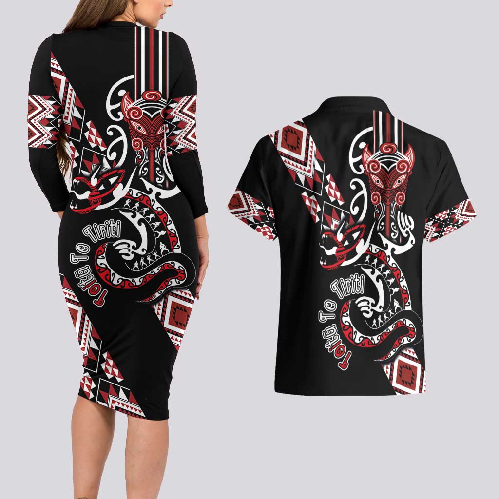 Aotearoa Toitu Te Tiriti-Honour the Treaty Couples Matching Long Sleeve Bodycon Dress and Hawaiian Shirt Maori Taniwha Haka with Taniko and Tukutuku