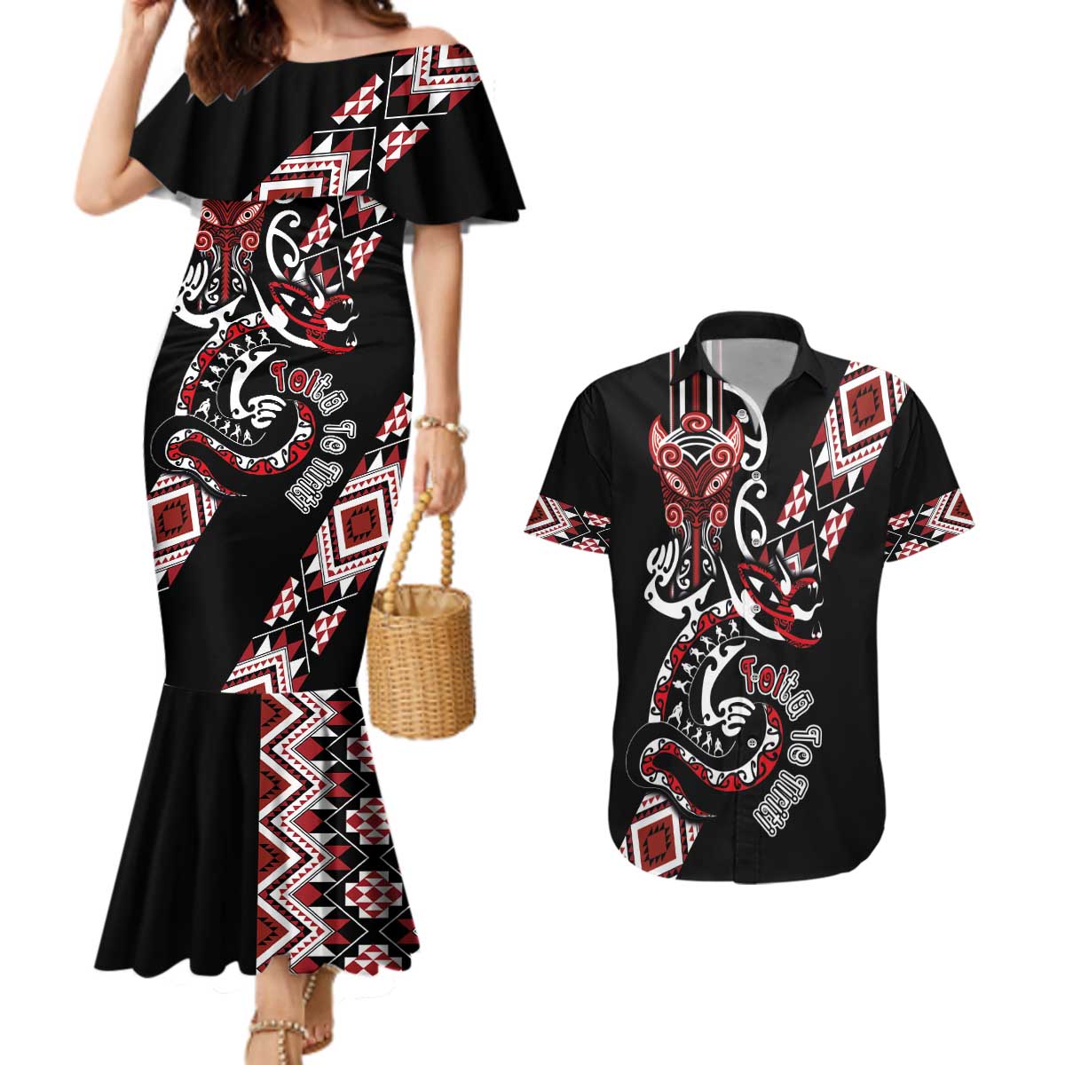 Aotearoa Toitu Te Tiriti-Honour the Treaty Couples Matching Mermaid Dress and Hawaiian Shirt Maori Taniwha Haka with Taniko and Tukutuku