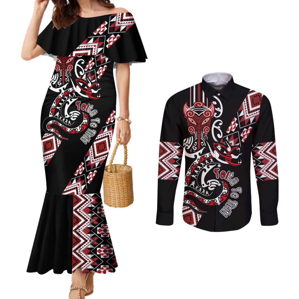 Aotearoa Toitu Te Tiriti-Honour the Treaty Couples Matching Mermaid Dress and Long Sleeve Button Shirt Maori Taniwha Haka with Taniko and Tukutuku LT03 Black - Polynesian Pride