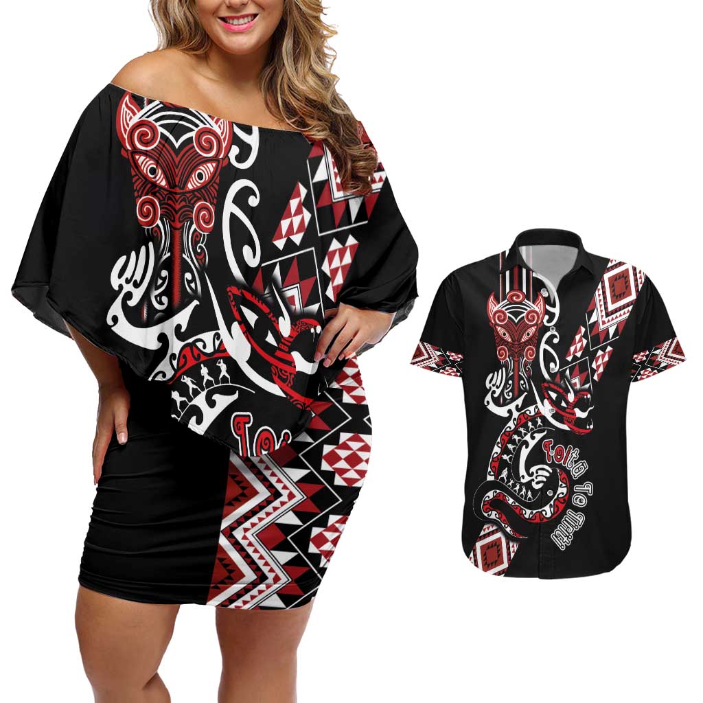 Aotearoa Toitu Te Tiriti-Honour the Treaty Couples Matching Off Shoulder Short Dress and Hawaiian Shirt Maori Taniwha Haka with Taniko and Tukutuku