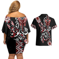 Aotearoa Toitu Te Tiriti-Honour the Treaty Couples Matching Off Shoulder Short Dress and Hawaiian Shirt Maori Taniwha Haka with Taniko and Tukutuku
