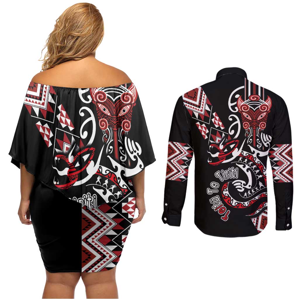 Aotearoa Toitu Te Tiriti-Honour the Treaty Couples Matching Off Shoulder Short Dress and Long Sleeve Button Shirt Maori Taniwha Haka with Taniko and Tukutuku LT03 - Polynesian Pride