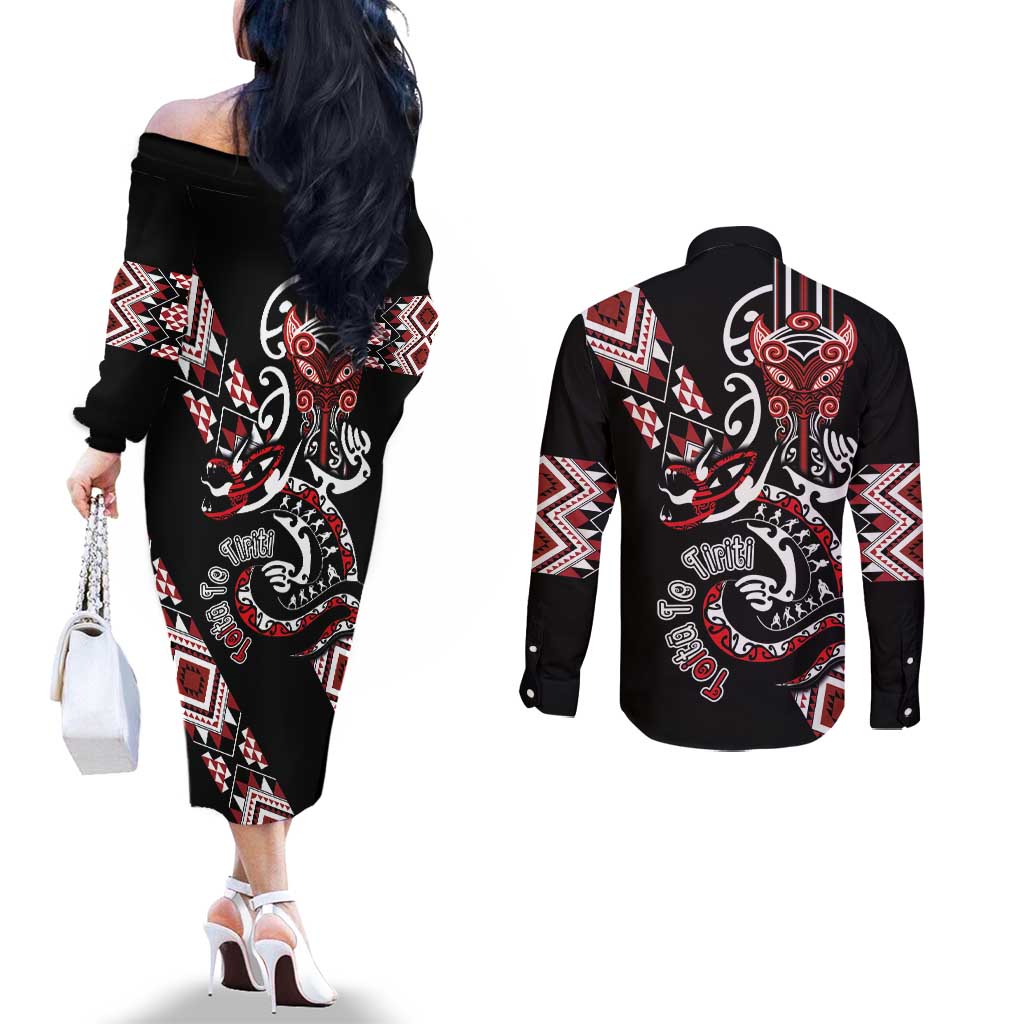 Aotearoa Toitu Te Tiriti-Honour the Treaty Couples Matching Off The Shoulder Long Sleeve Dress and Long Sleeve Button Shirt Maori Taniwha Haka with Taniko and Tukutuku LT03 - Polynesian Pride