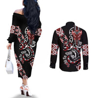 Aotearoa Toitu Te Tiriti-Honour the Treaty Couples Matching Off The Shoulder Long Sleeve Dress and Long Sleeve Button Shirt Maori Taniwha Haka with Taniko and Tukutuku LT03 - Polynesian Pride