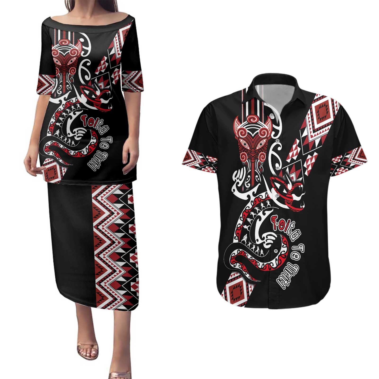 Aotearoa Toitu Te Tiriti-Honour the Treaty Couples Matching Puletasi and Hawaiian Shirt Maori Taniwha Haka with Taniko and Tukutuku