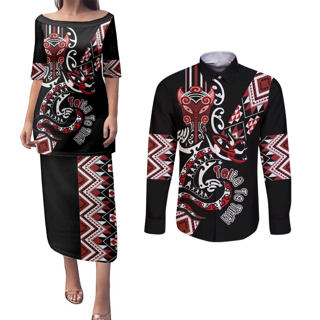 Aotearoa Toitu Te Tiriti-Honour the Treaty Couples Matching Puletasi and Long Sleeve Button Shirt Maori Taniwha Haka with Taniko and Tukutuku LT03 Black - Polynesian Pride