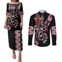 Aotearoa Toitu Te Tiriti-Honour the Treaty Couples Matching Puletasi and Long Sleeve Button Shirt Maori Taniwha Haka with Taniko and Tukutuku LT03 Black - Polynesian Pride