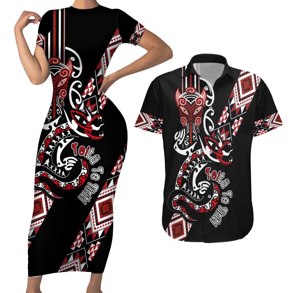 Aotearoa Toitu Te Tiriti-Honour the Treaty Couples Matching Short Sleeve Bodycon Dress and Hawaiian Shirt Maori Taniwha Haka with Taniko and Tukutuku