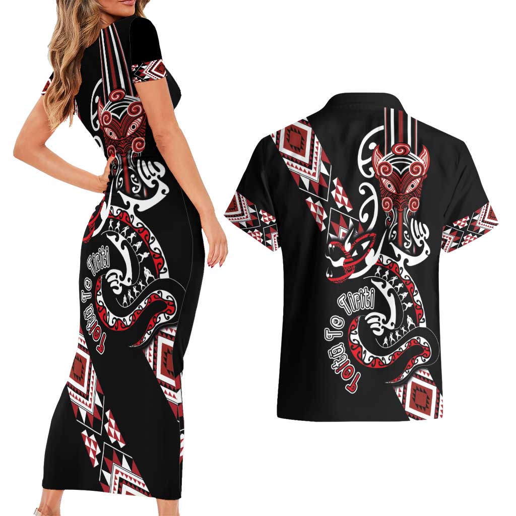 Aotearoa Toitu Te Tiriti-Honour the Treaty Couples Matching Short Sleeve Bodycon Dress and Hawaiian Shirt Maori Taniwha Haka with Taniko and Tukutuku