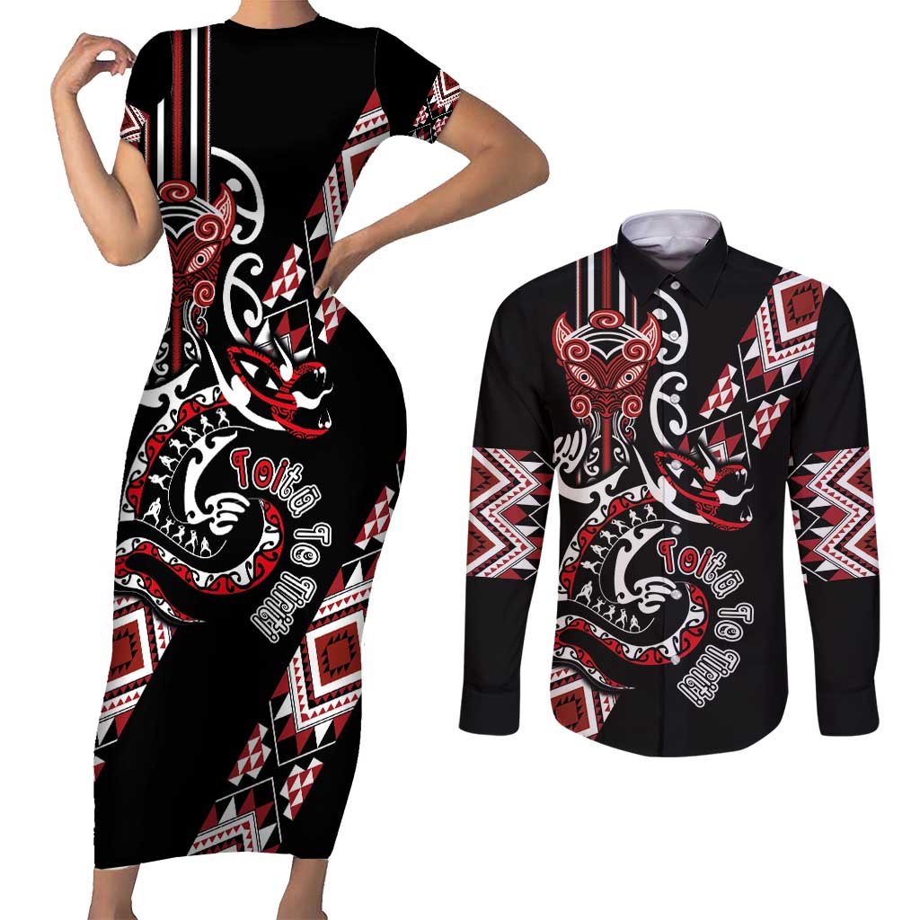 Aotearoa Toitu Te Tiriti-Honour the Treaty Couples Matching Short Sleeve Bodycon Dress and Long Sleeve Button Shirt Maori Taniwha Haka with Taniko and Tukutuku