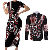 Aotearoa Toitu Te Tiriti-Honour the Treaty Couples Matching Short Sleeve Bodycon Dress and Long Sleeve Button Shirt Maori Taniwha Haka with Taniko and Tukutuku LT03 Black - Polynesian Pride