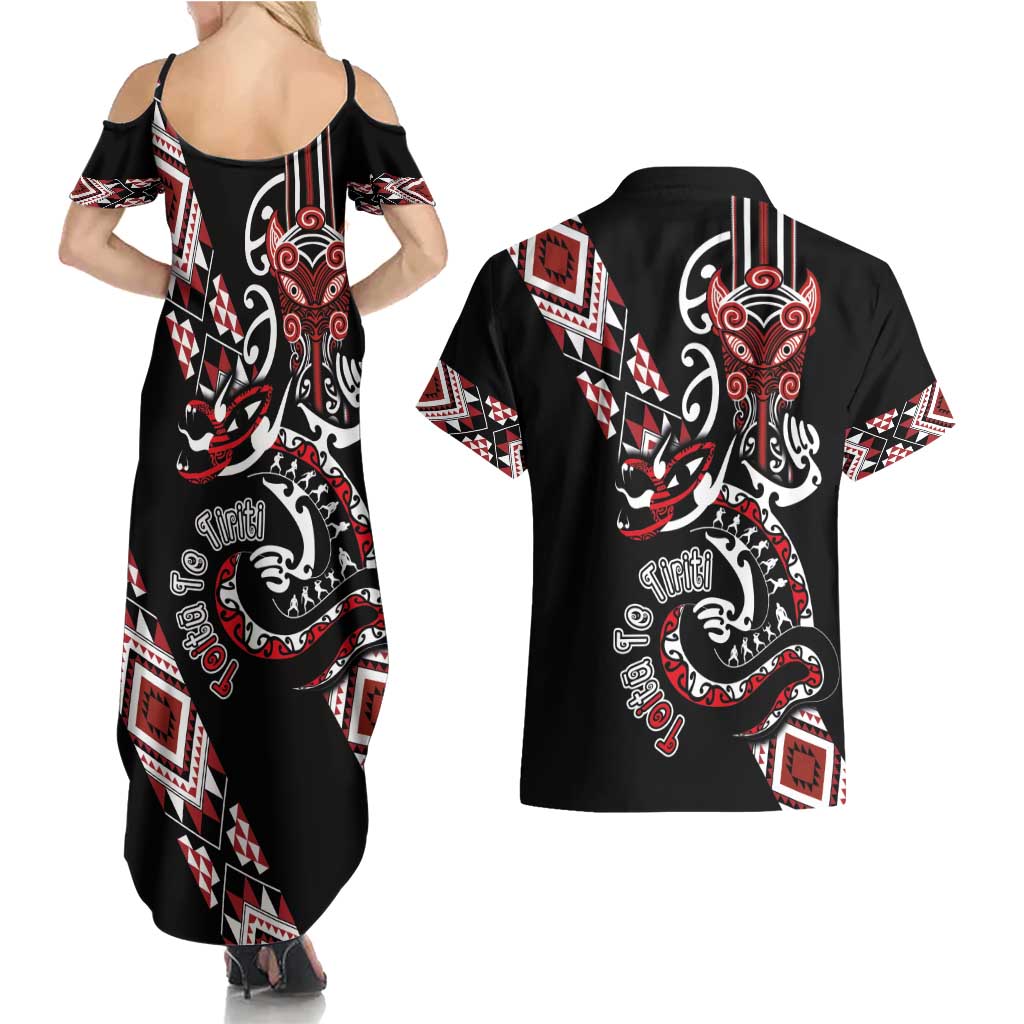Aotearoa Toitu Te Tiriti-Honour the Treaty Couples Matching Summer Maxi Dress and Hawaiian Shirt Maori Taniwha Haka with Taniko and Tukutuku