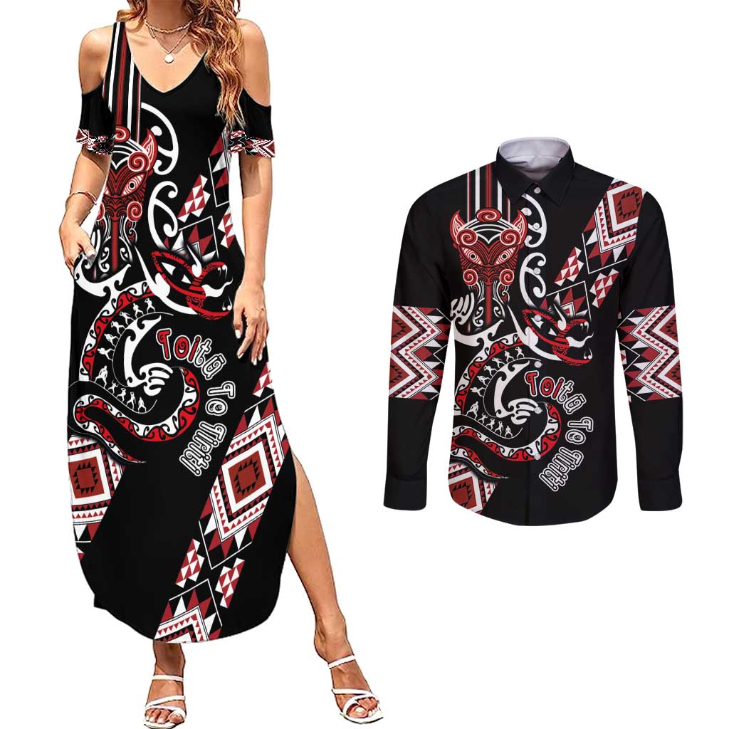 Aotearoa Toitu Te Tiriti-Honour the Treaty Couples Matching Summer Maxi Dress and Long Sleeve Button Shirt Maori Taniwha Haka with Taniko and Tukutuku