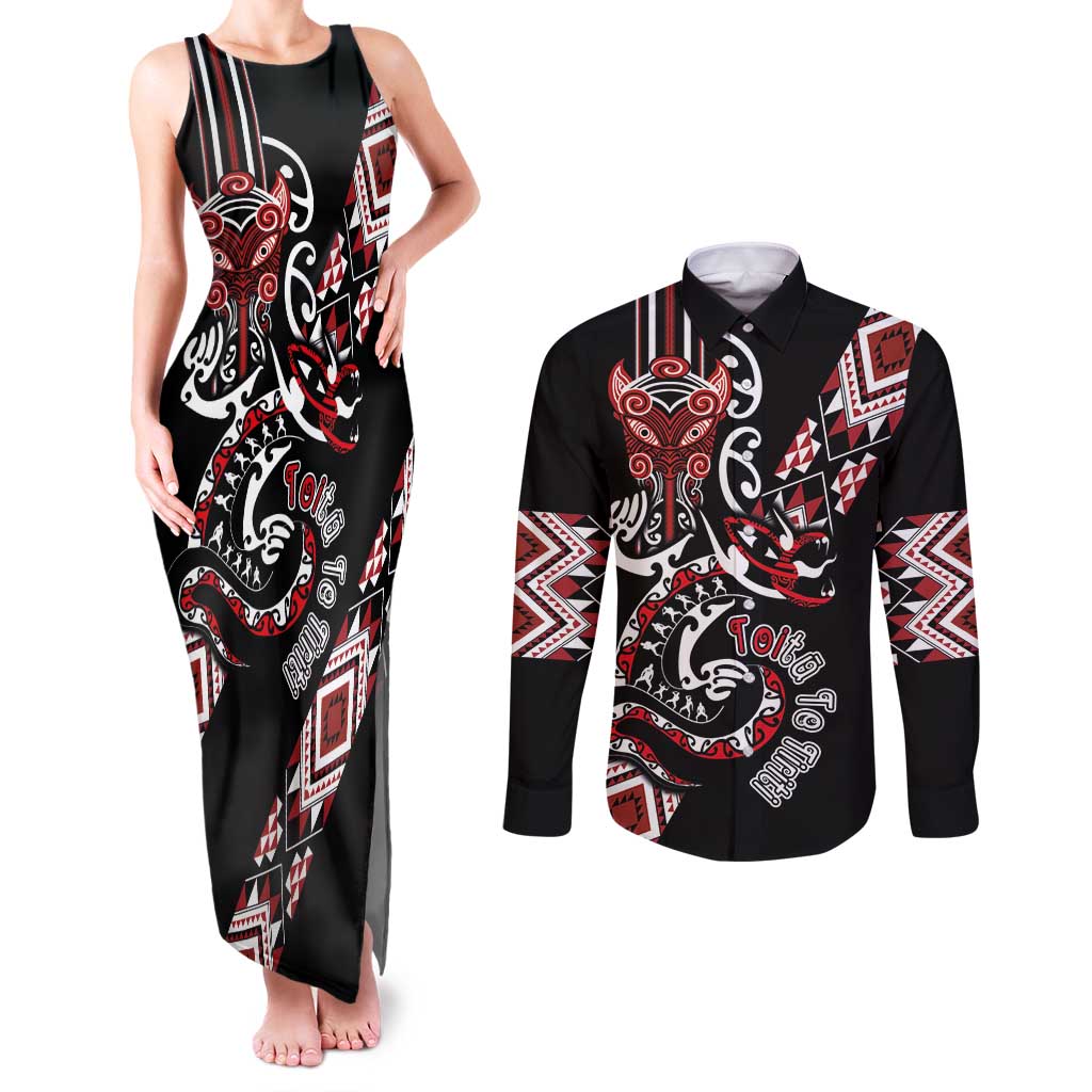 Aotearoa Toitu Te Tiriti-Honour the Treaty Couples Matching Tank Maxi Dress and Long Sleeve Button Shirt Maori Taniwha Haka with Taniko and Tukutuku LT03 Black - Polynesian Pride