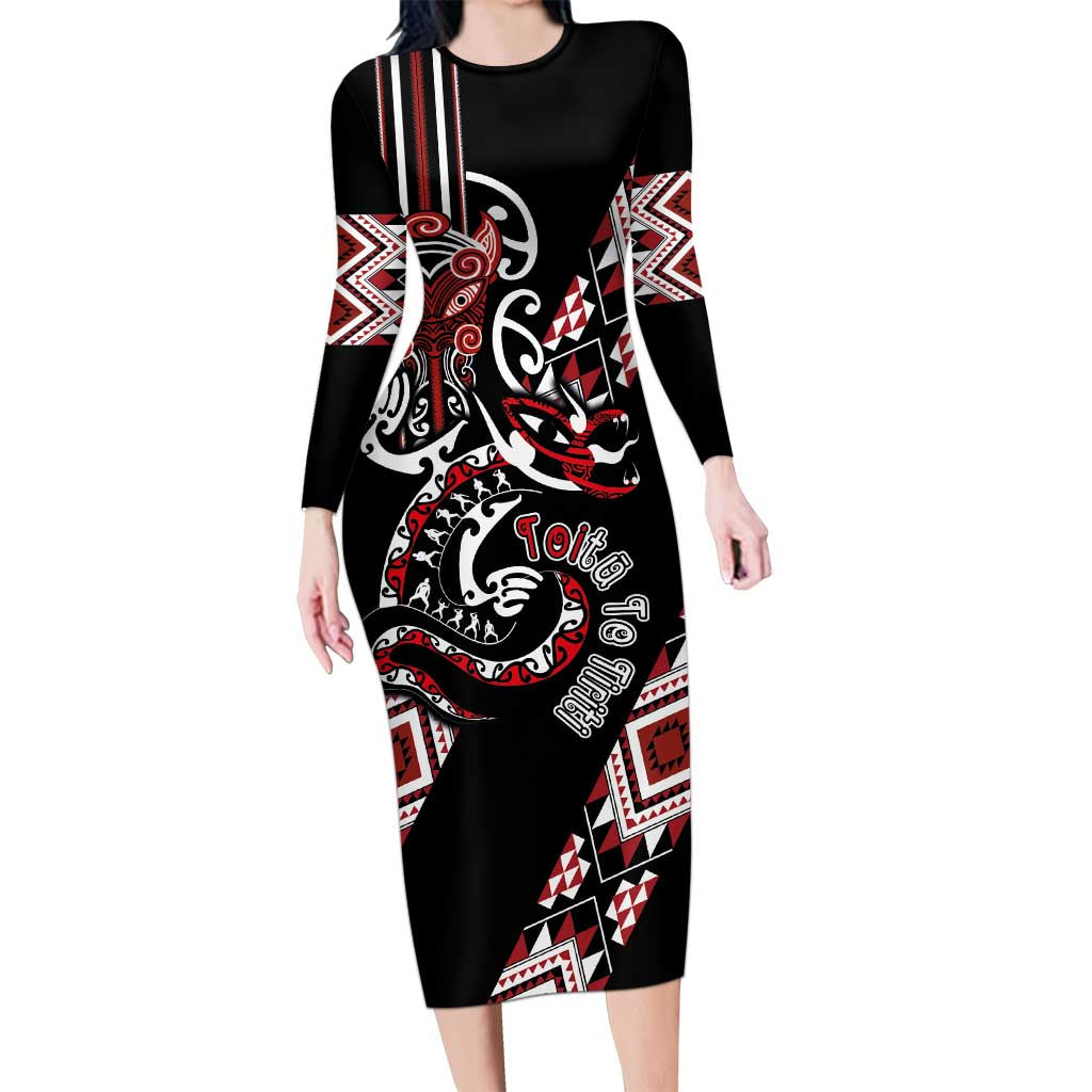 Aotearoa Toitu Te Tiriti-Honour the Treaty Family Matching Long Sleeve Bodycon Dress and Hawaiian Shirt Maori Taniwha Haka with Taniko and Tukutuku