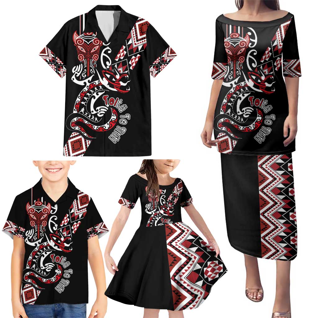 Aotearoa Toitu Te Tiriti-Honour the Treaty Family Matching Puletasi and Hawaiian Shirt Maori Taniwha Haka with Taniko and Tukutuku