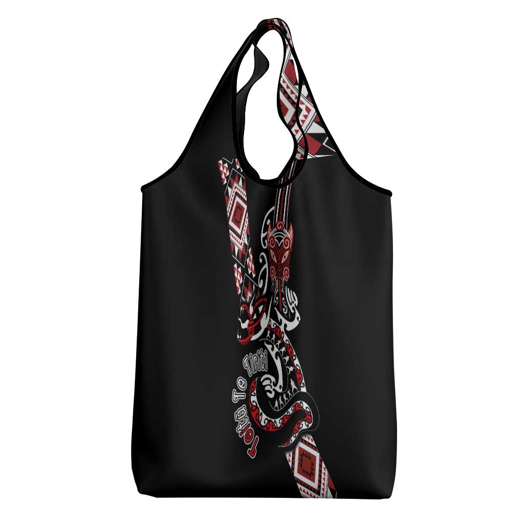 Aotearoa Toitu Te Tiriti-Honour the Treaty Grocery Bag Maori Taniwha Haka with Taniko and Tukutuku
