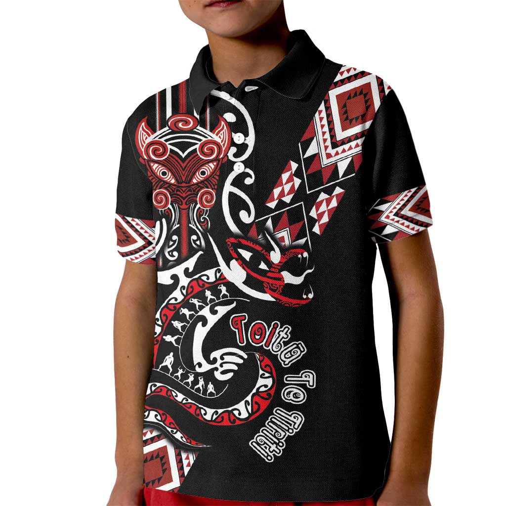 Aotearoa Toitu Te Tiriti-Honour the Treaty Kid Polo Shirt Maori Taniwha Haka with Taniko and Tukutuku