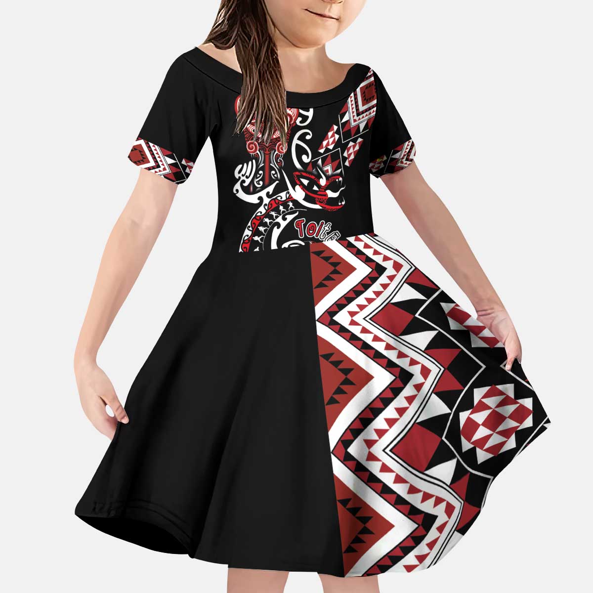 Aotearoa Toitu Te Tiriti-Honour the Treaty Kid Short Sleeve Dress Maori Taniwha Haka with Taniko and Tukutuku