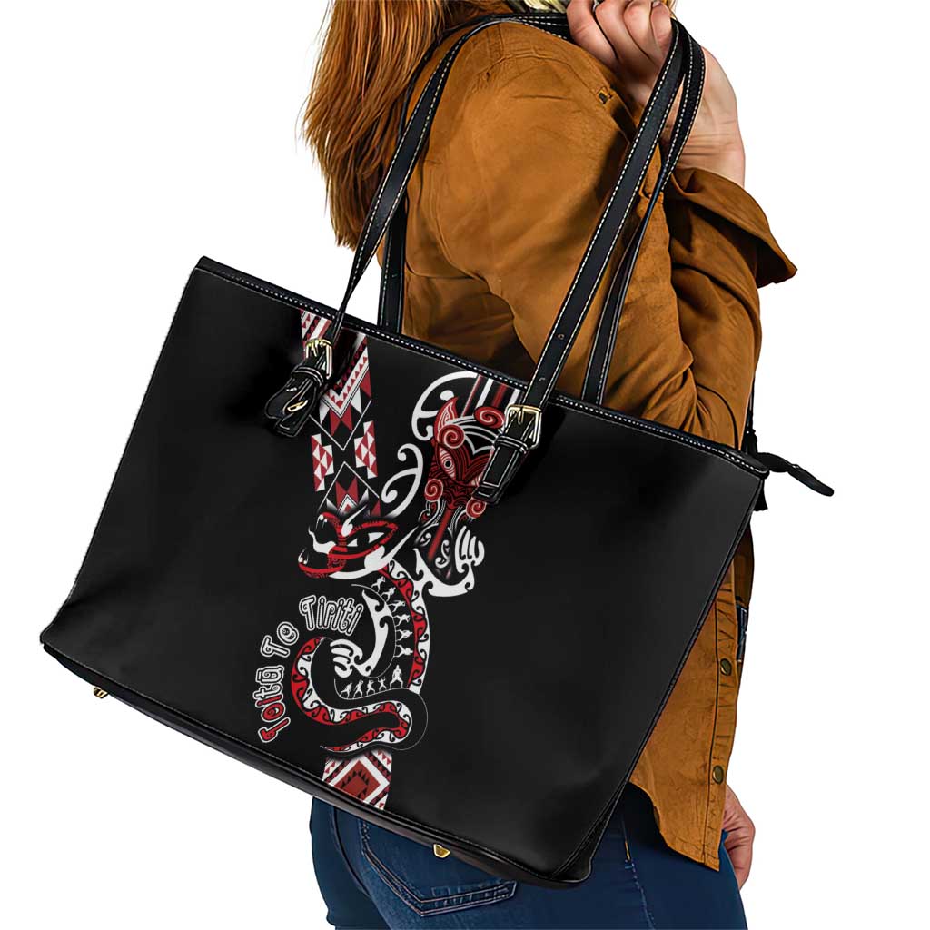 Aotearoa Toitu Te Tiriti-Honour the Treaty Leather Tote Bag Maori Taniwha Haka with Taniko and Tukutuku