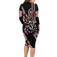 Aotearoa Toitu Te Tiriti-Honour the Treaty Long Sleeve Bodycon Dress Maori Taniwha Haka with Taniko and Tukutuku LT03 - Polynesian Pride