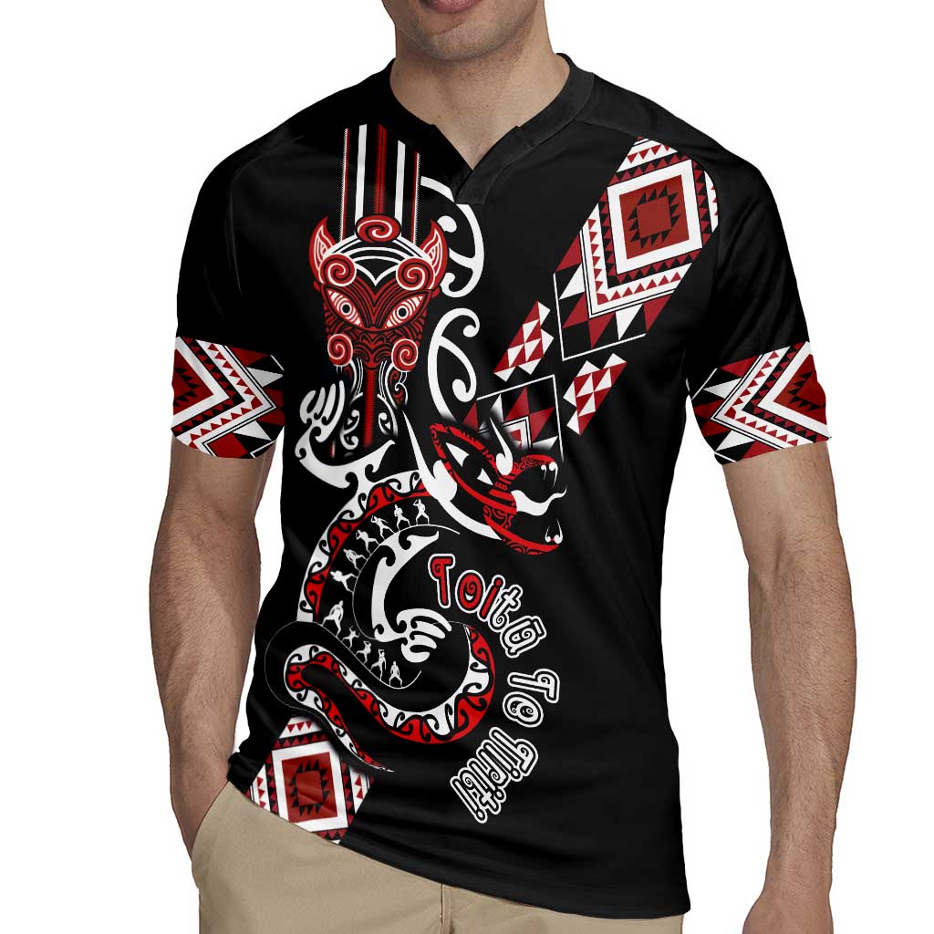 Aotearoa Toitu Te Tiriti-Honour the Treaty Rugby Jersey Maori Taniwha Haka with Taniko and Tukutuku