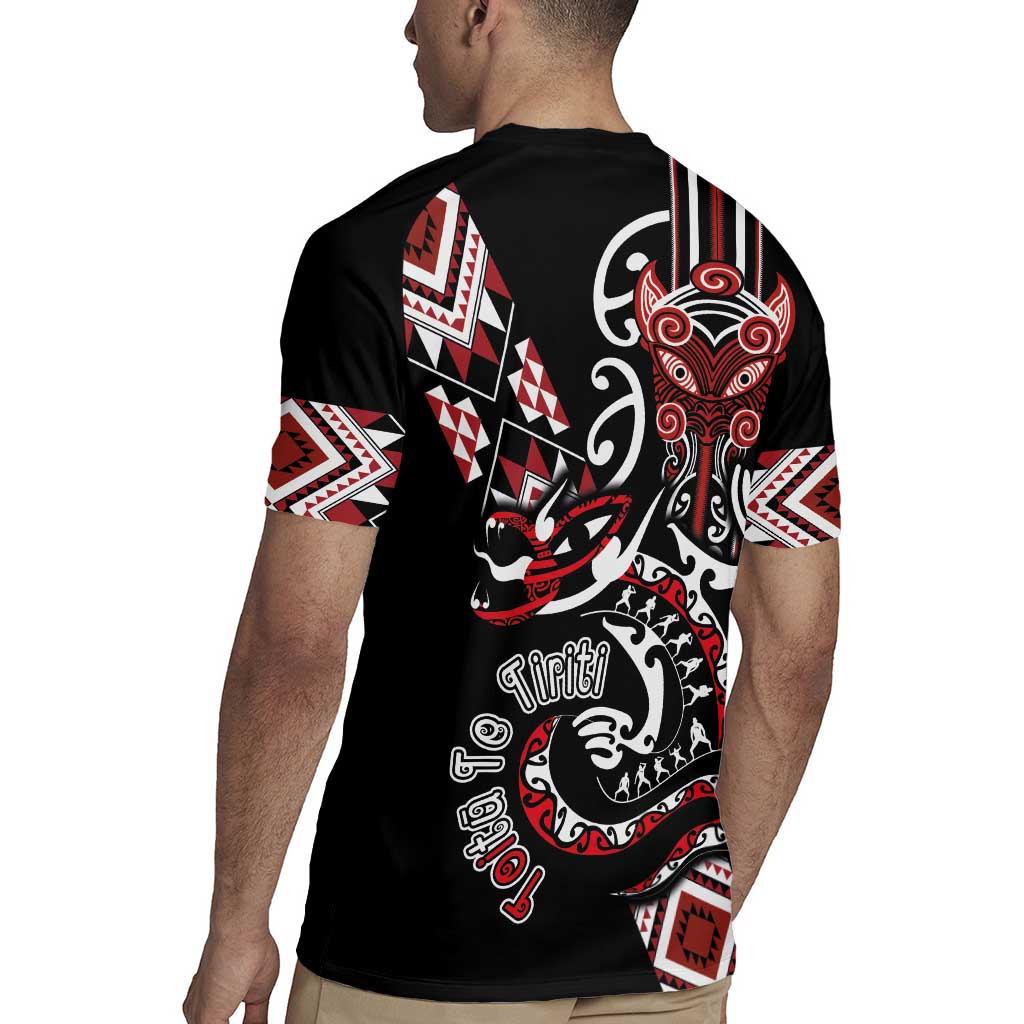 Aotearoa Toitu Te Tiriti-Honour the Treaty Rugby Jersey Maori Taniwha Haka with Taniko and Tukutuku
