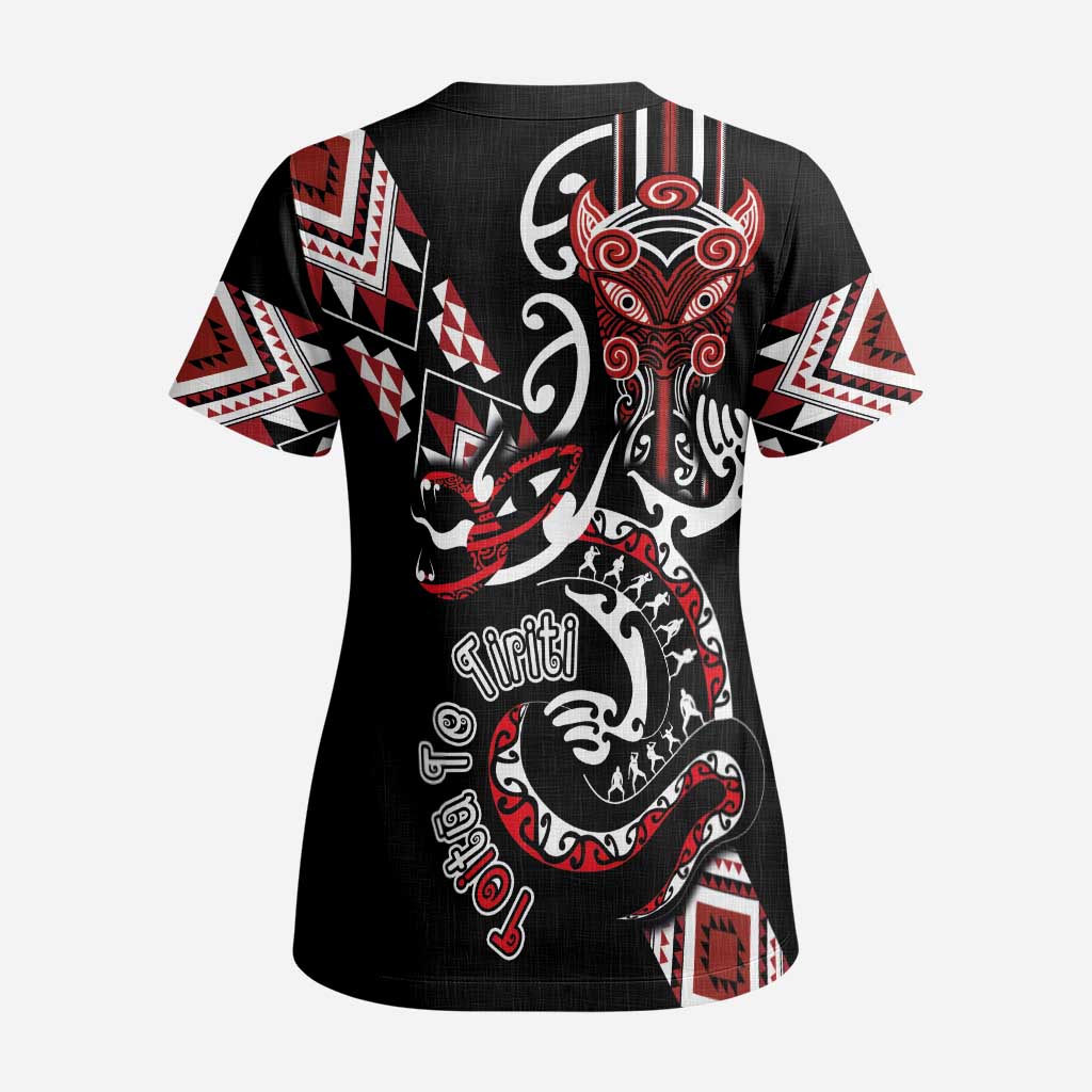 Aotearoa Toitu Te Tiriti-Honour the Treaty Scrub Top Maori Taniwha Haka with Taniko and Tukutuku - Polynesian Pride