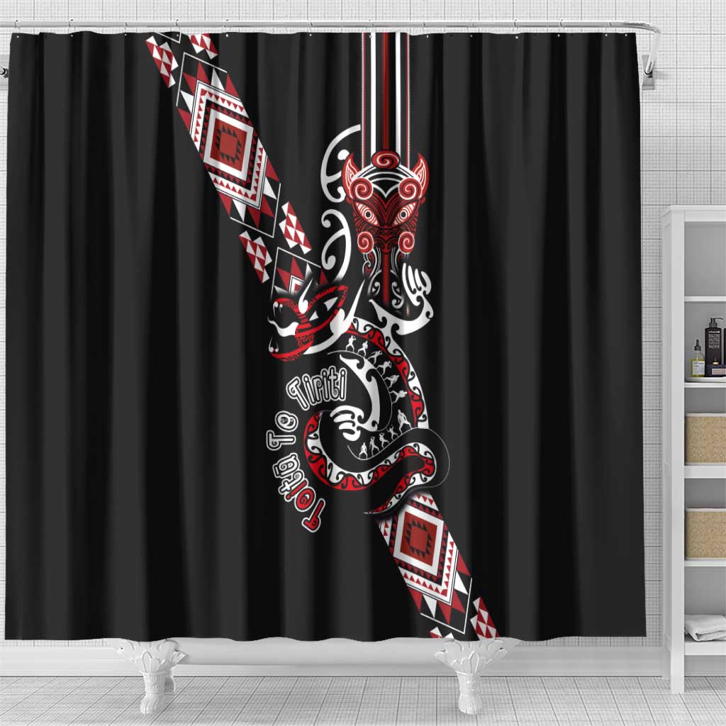 Aotearoa Toitu Te Tiriti-Honour the Treaty Shower Curtain Maori Taniwha Haka with Taniko and Tukutuku LT03 - Polynesian Pride