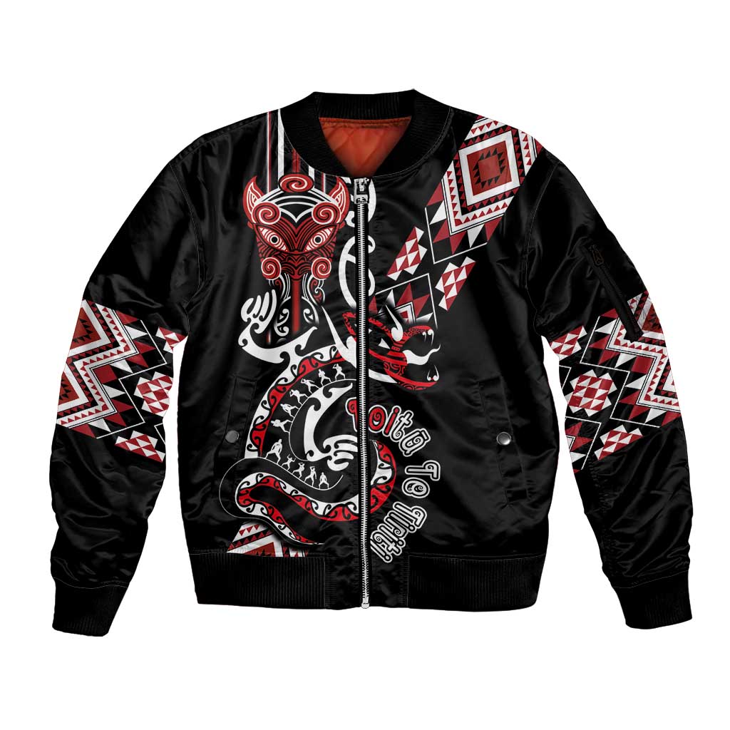 Aotearoa Toitu Te Tiriti-Honour the Treaty Sleeve Zip Bomber Jacket Maori Taniwha Haka with Taniko and Tukutuku LT03 Unisex Black - Polynesian Pride
